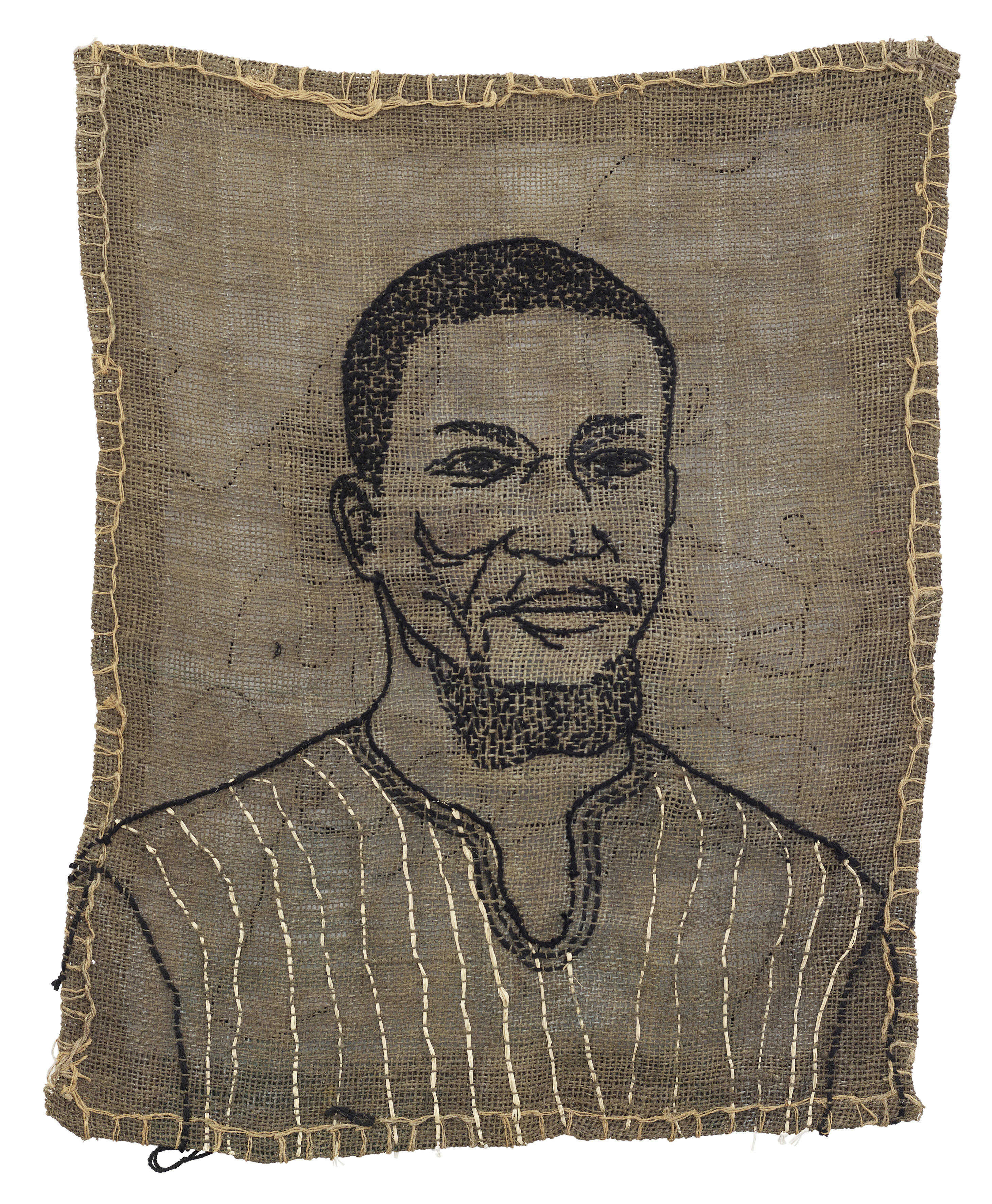 CATPC, Koyo Kouoh, 2026, série Combattants de la résistance, broderie au fil de coton sur raphia, 60,5 × 46 cm
